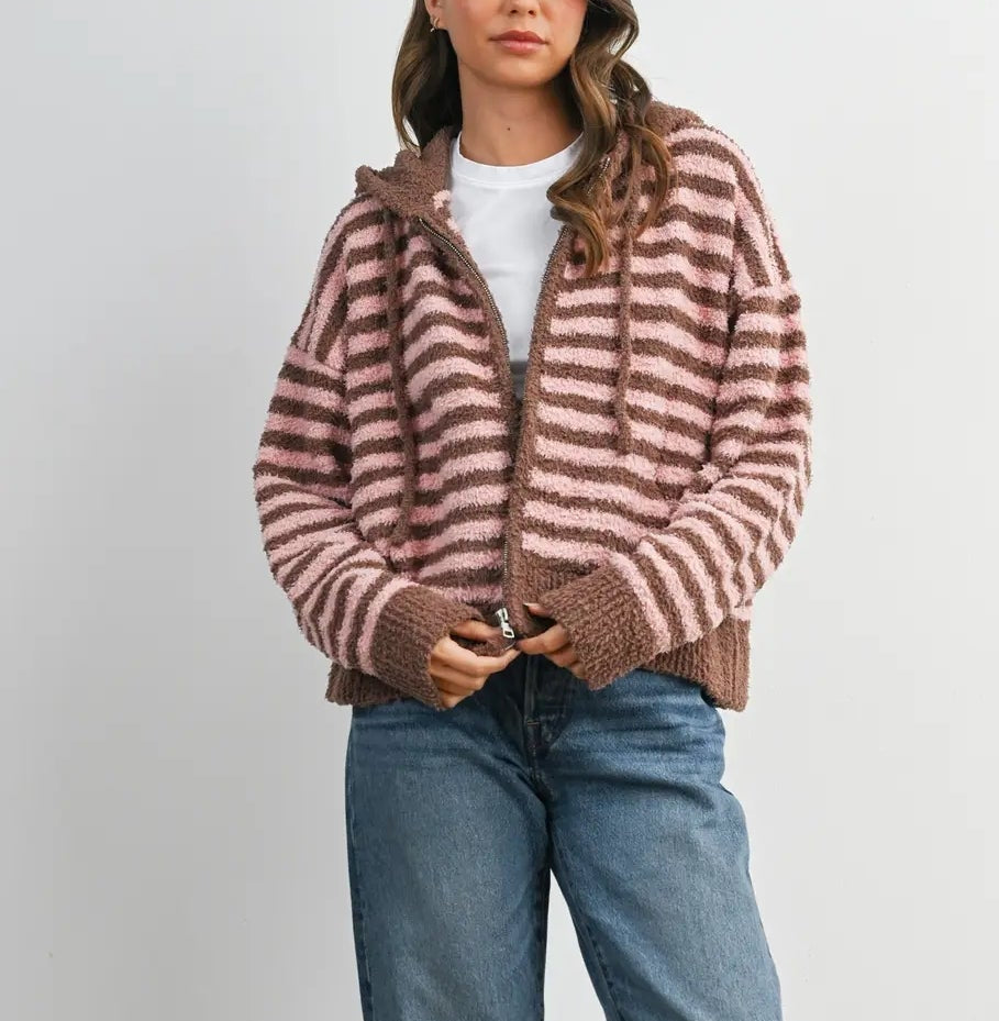 Striped Zip-Up Hooded Cardigan
