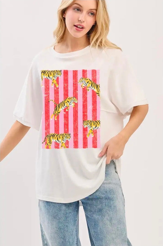 Prink Strip Tiger Element Shoulder Drop T-Shirt