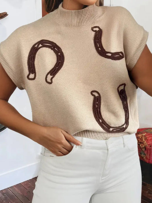 Western Horseshoe Stand Neck Short Sleeve Knit Sweater