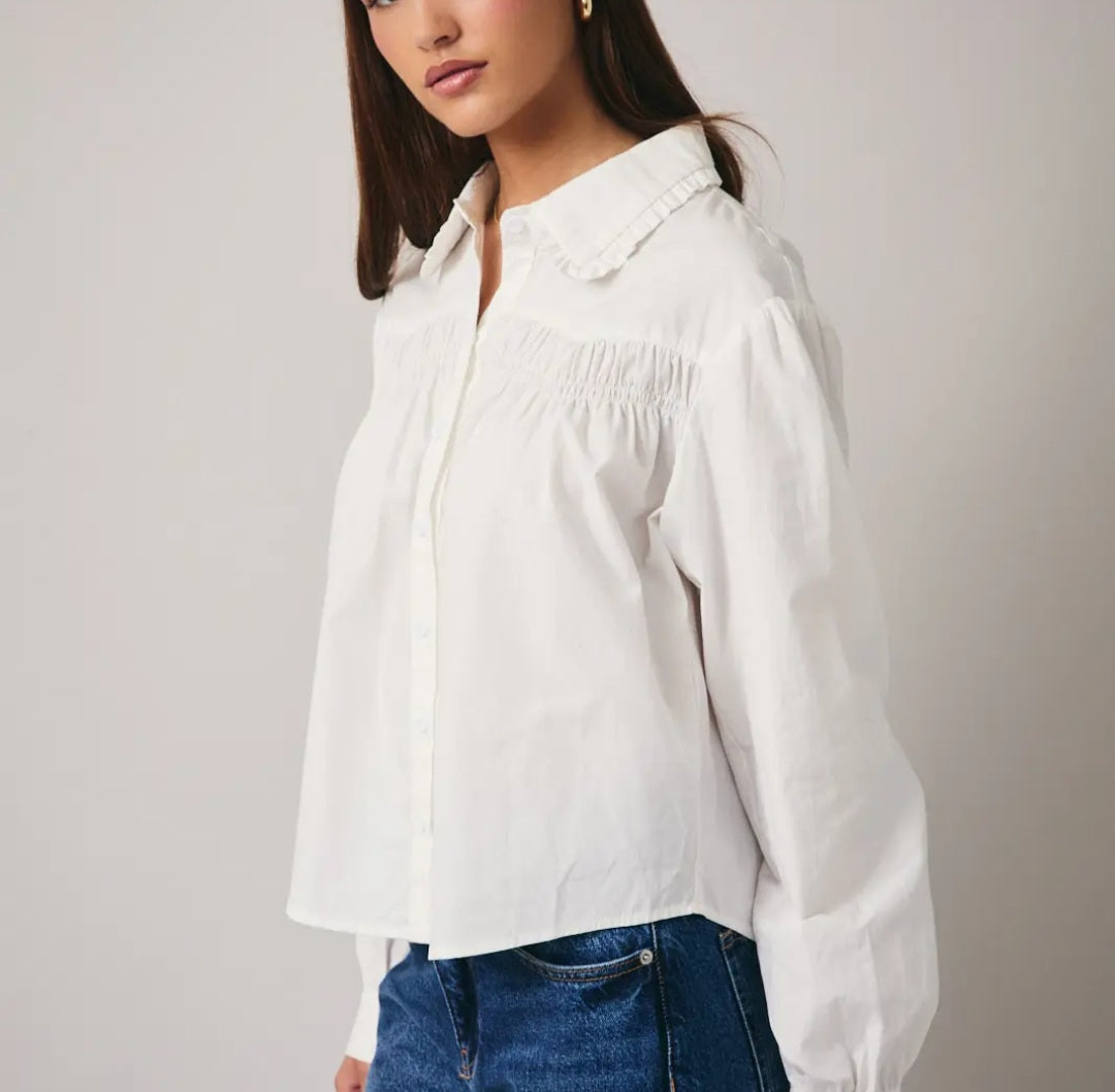 Shirring Detail Buttor Down White Top