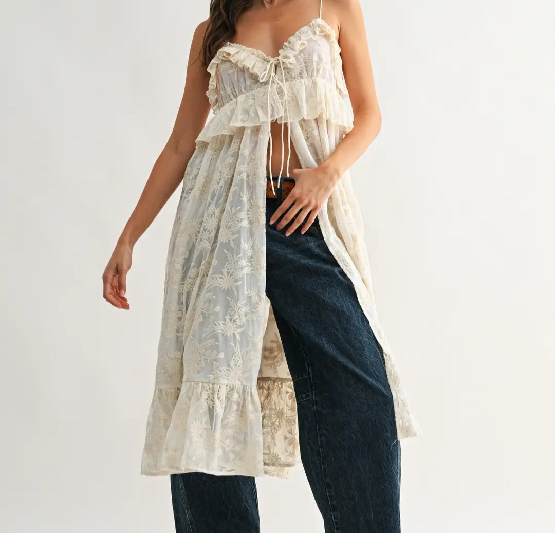 Sheer Floral Lace Ruffle Cover Up Top