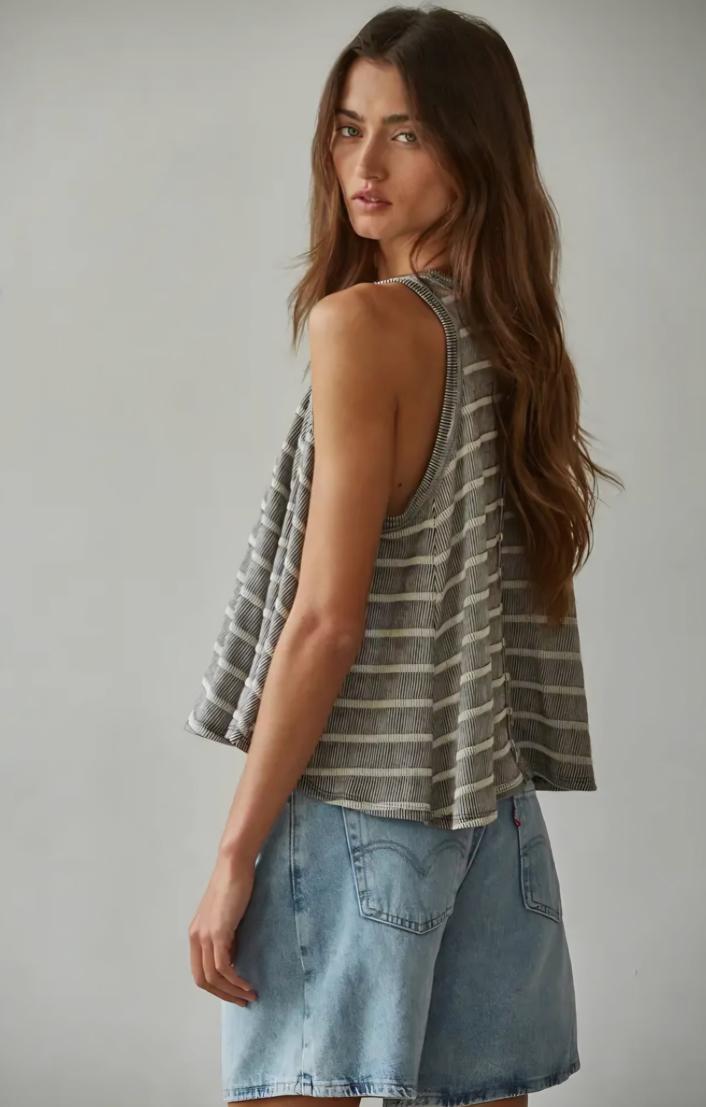 Flowy Striped Round Neck Sleeveless Tank Top