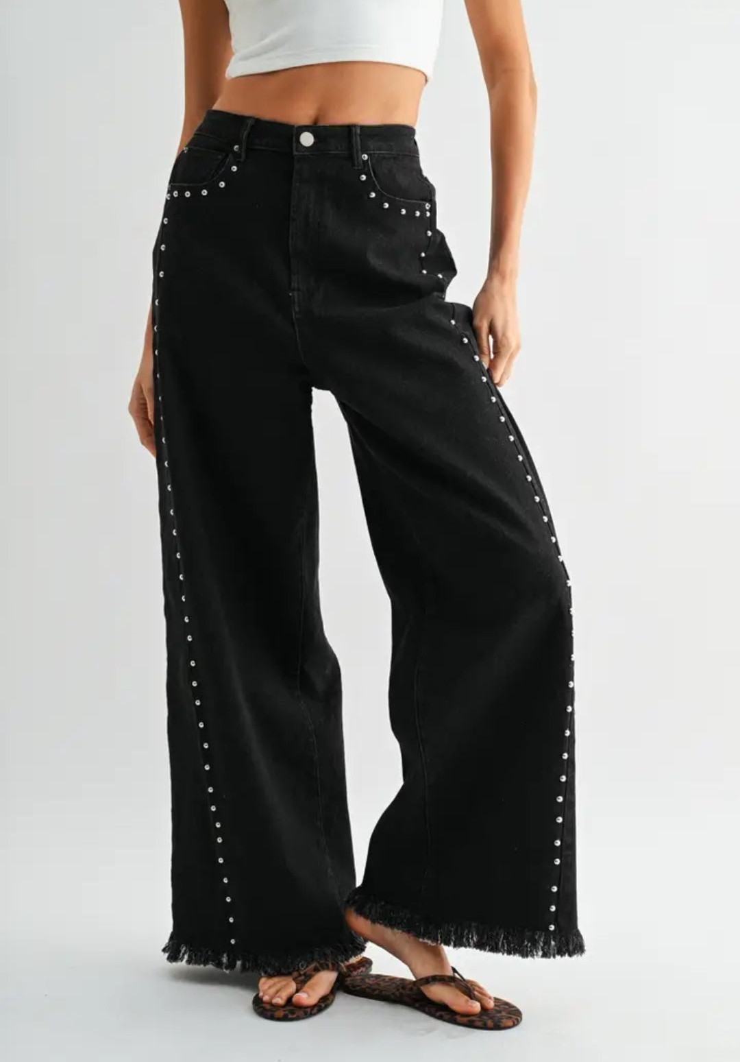 Black Wide-Leg Denim Stud Pants