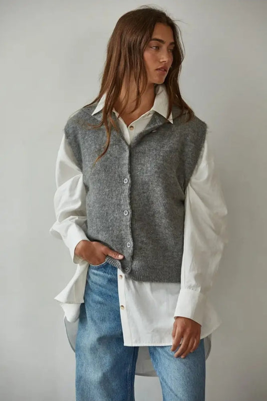 Knit Sweater Collar Neck Button Down Sleeveless Vest