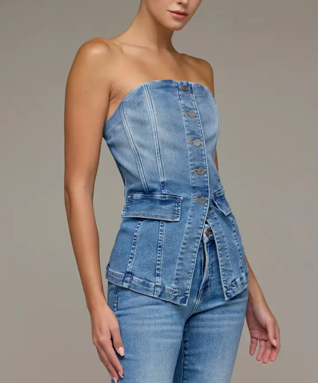 Denim Strapless Button Up Tuxedo Top
