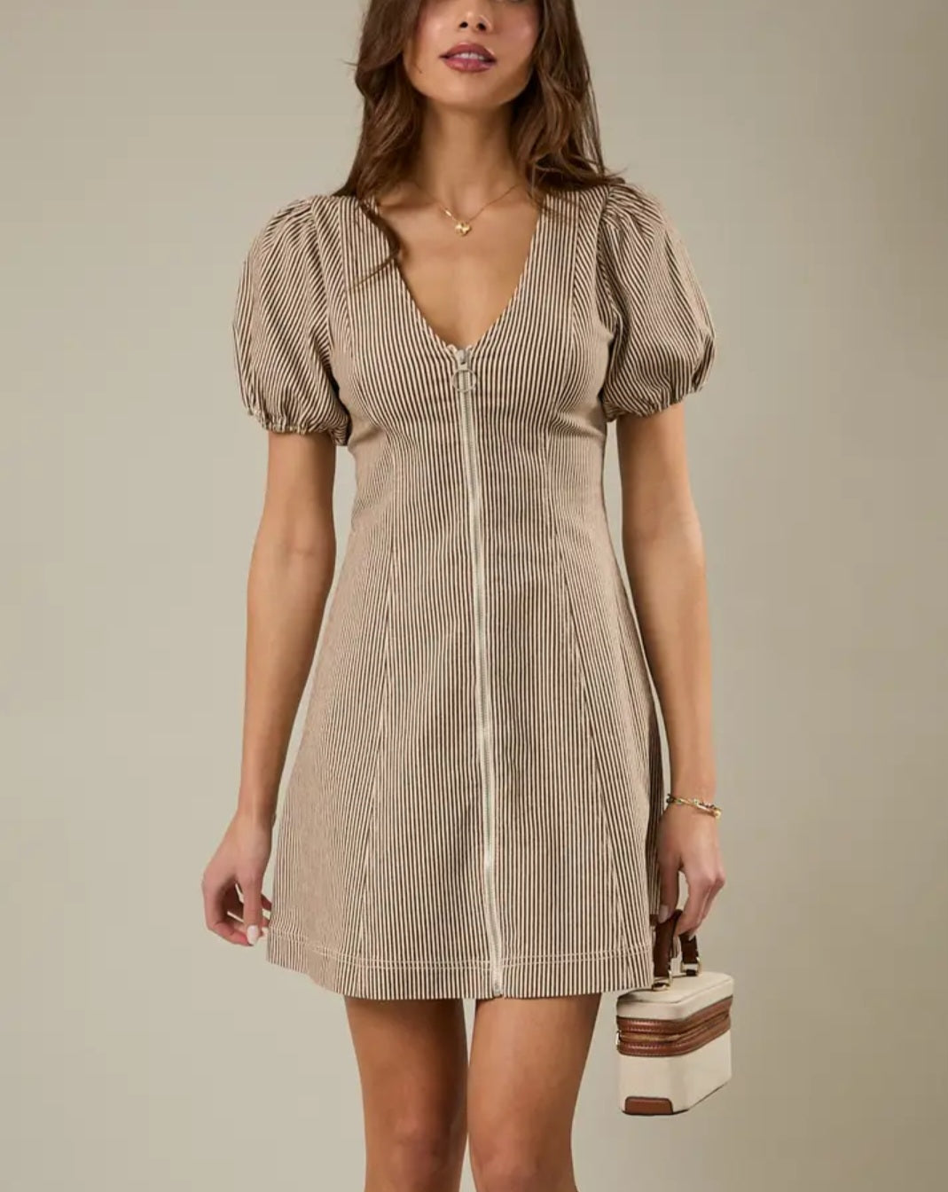Puff Sleeve Zip Front Striped Denim Mini Dress