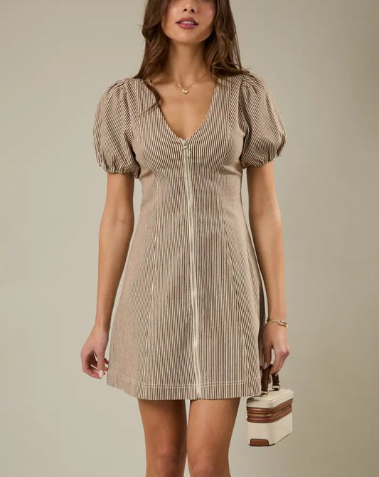 Puff Sleeve Zip Front Striped Denim Mini Dress