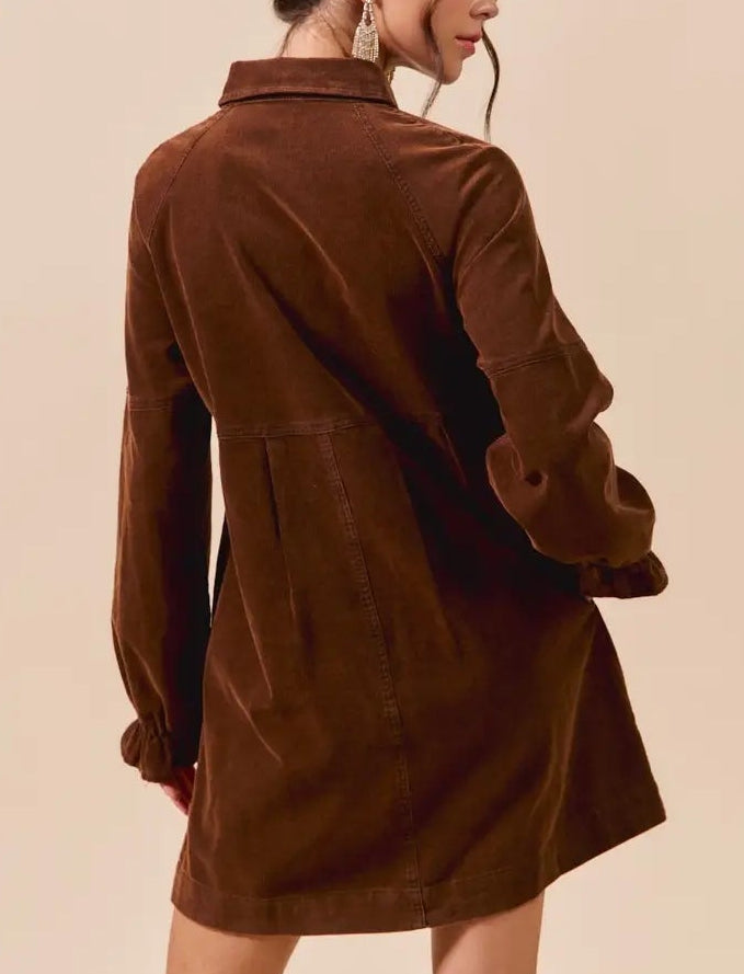 Brown Corduroy Button Down Shirt Mini Dress