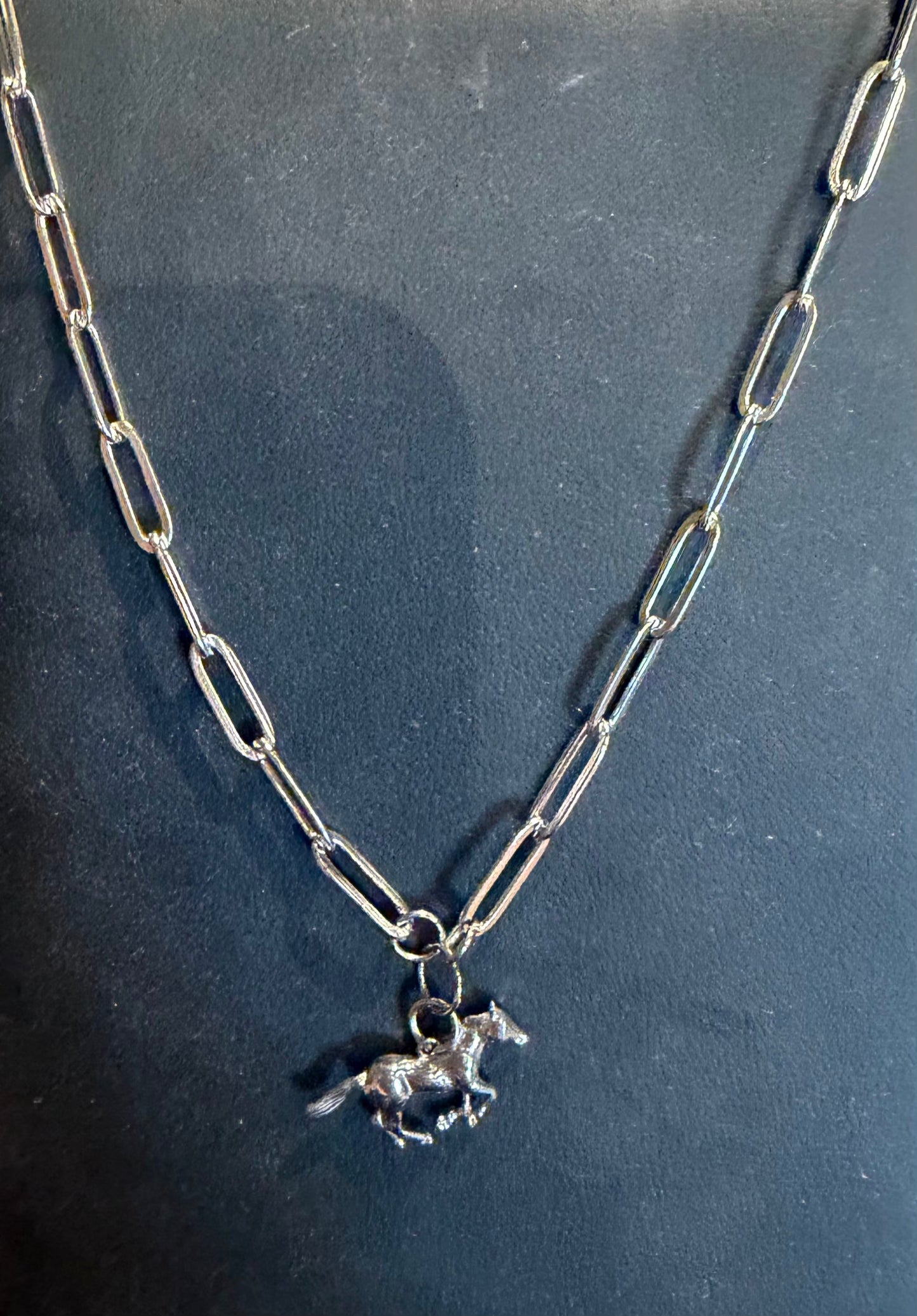 Stainless Steel Paper Clip Chain Necklace with Horse Pendant