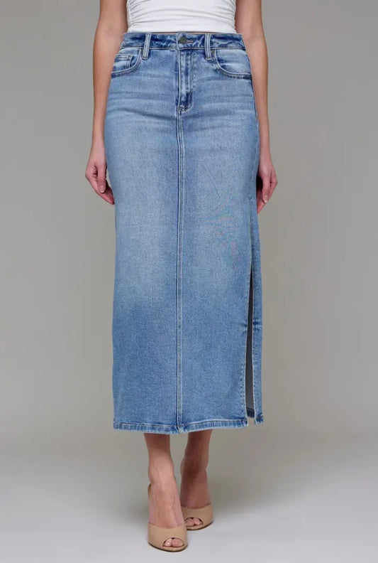 Hidden Jean Medium Length Side Slit Stretch Midi Skirt