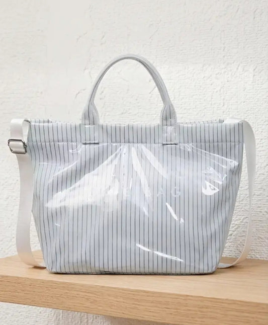 Blue Pinstripe Vinyl Tote Bag with Strap