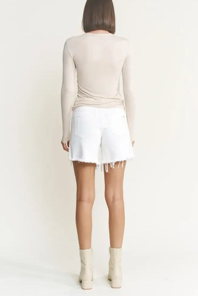 White Distressed Frayed Hem Shorts by Mica Denim