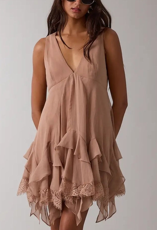 Sheer High-Low Ruffle Lace Down Mini Romper Dress