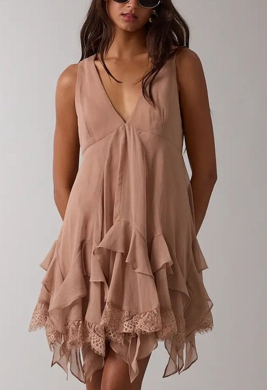 Sheer High-Low Ruffle Lace Down Mini Romper Dress