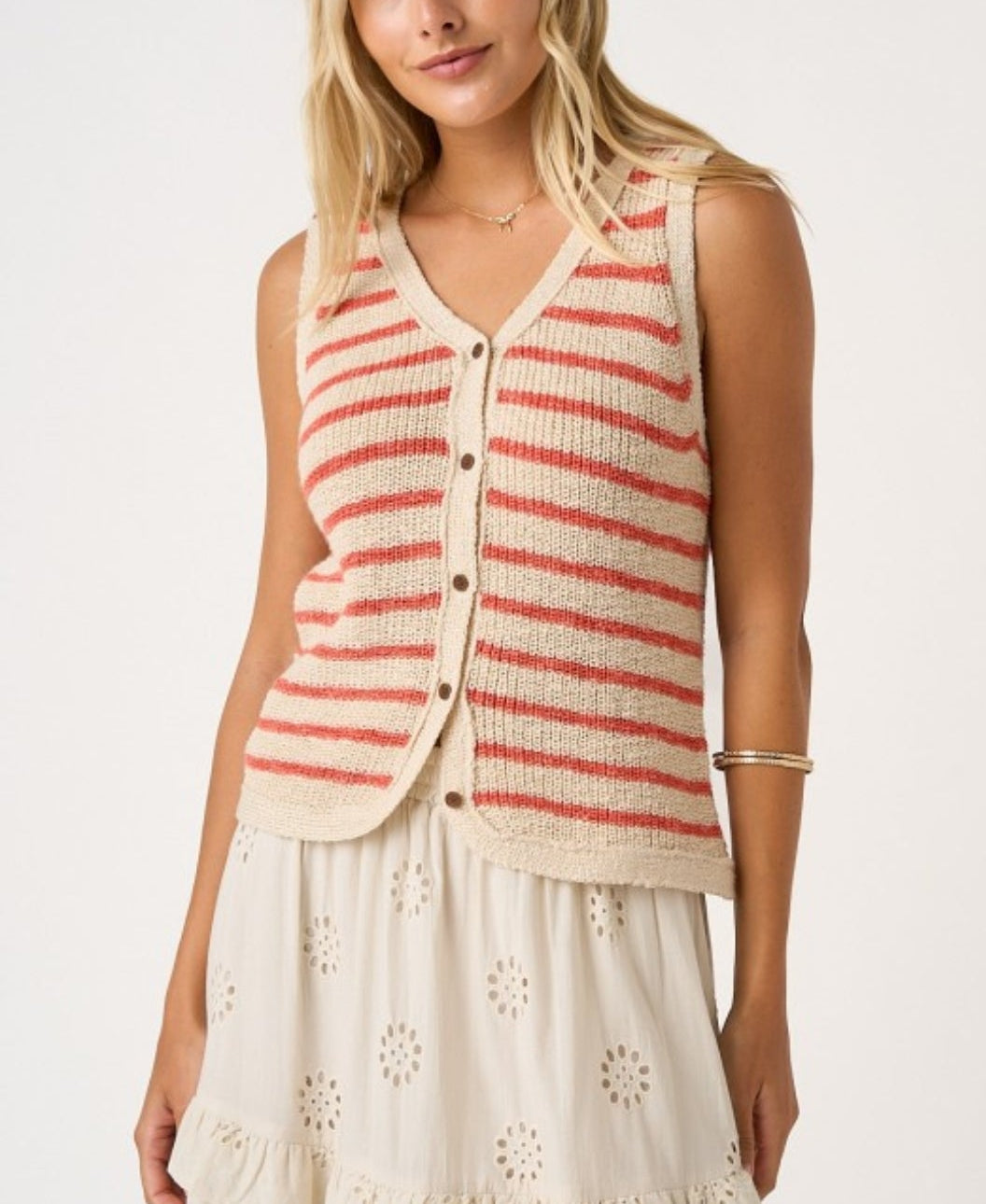 STRIPED V-NECK BUTTONED KNIT SWEATER VEST