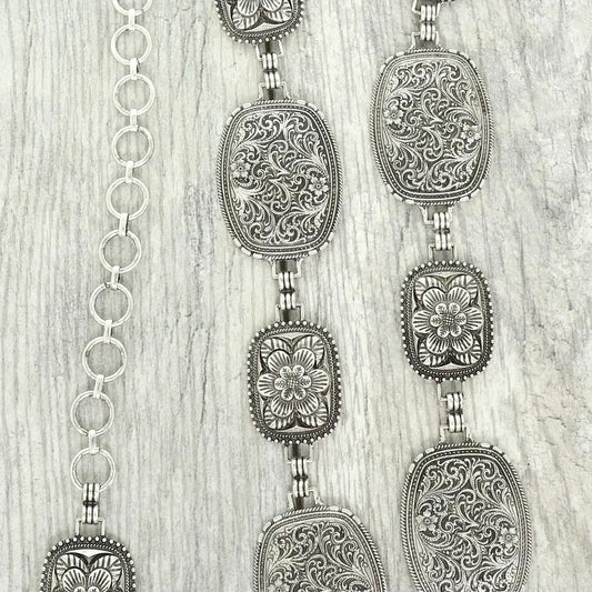 Western Floral Engraved Oval Concho Chain Link Belt