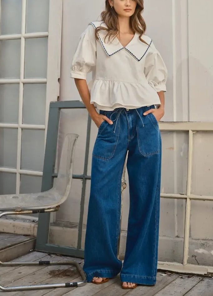 Darling Soft Denim Straight Leg Pants with Drawstring Waist