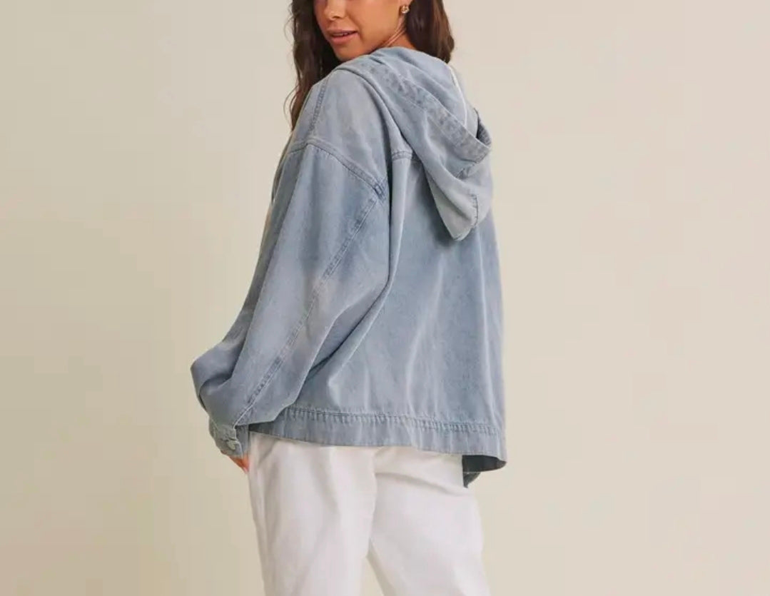 Mineral-Washed Denim Hooded Pullover