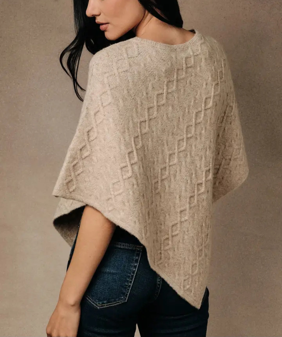 Diamond Cable Knit Crew Neck Asymmetric Poncho Sweater