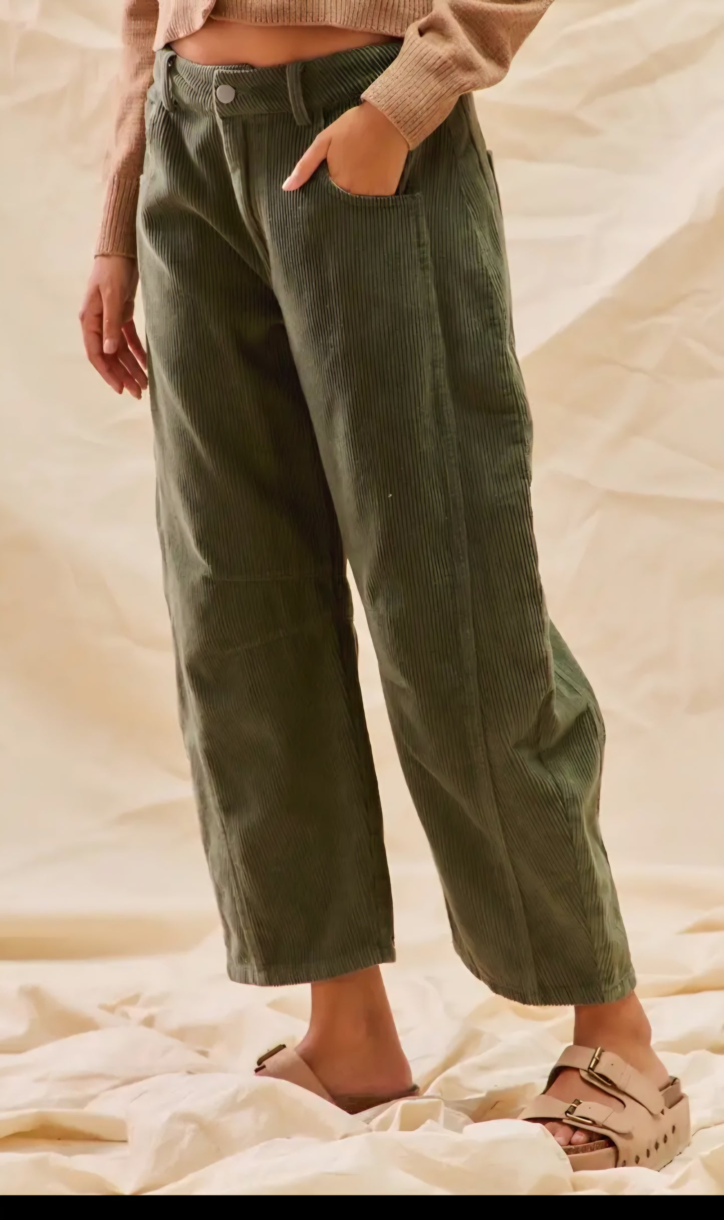 Mid Rise Olive Corduroy
Barrel Pants