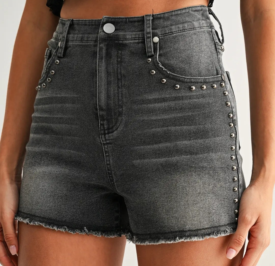High-Rise Black Denim Shorts with Stud