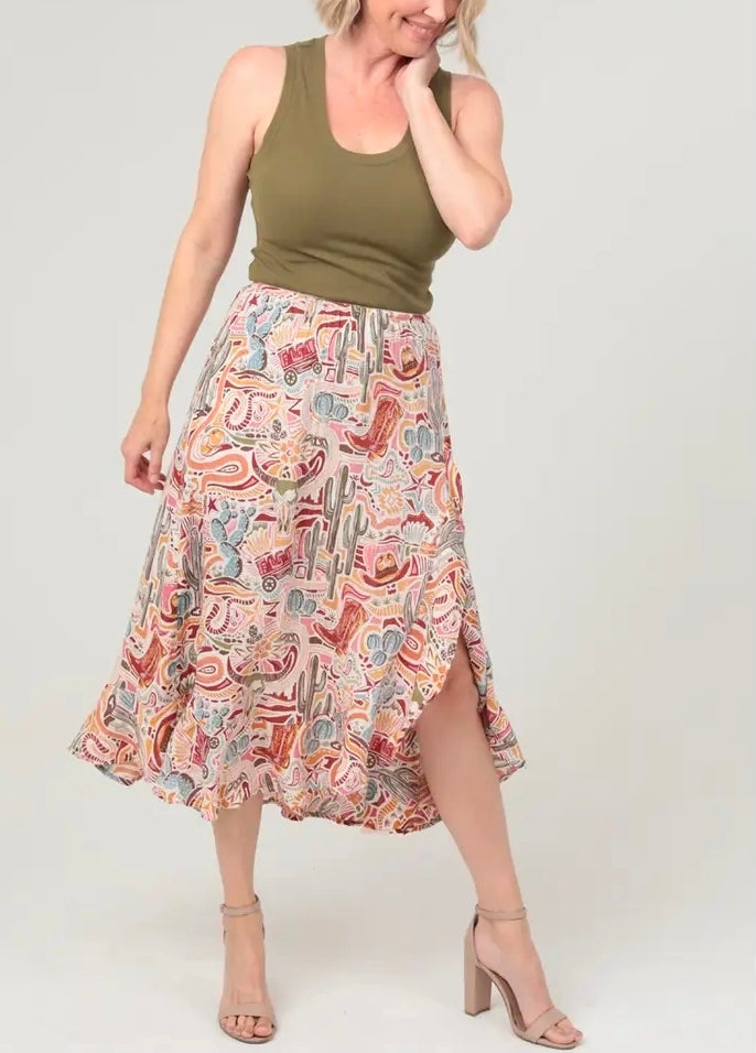 Western Print Ruffle Slit Skirt