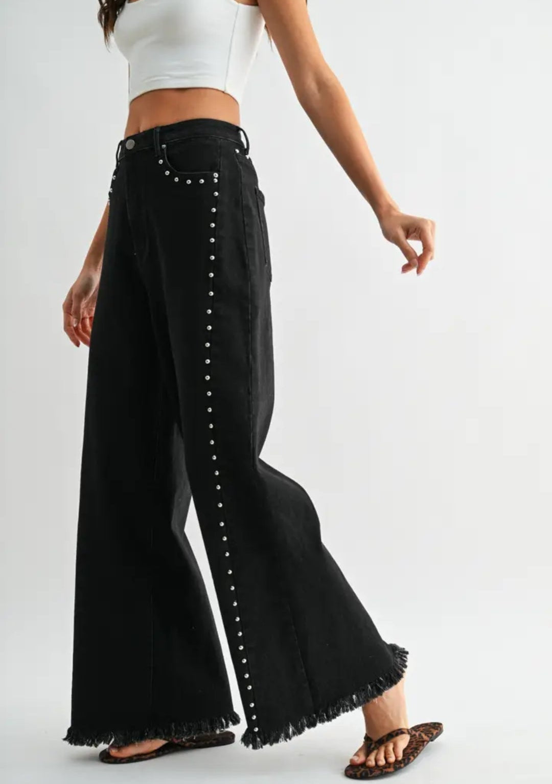 Black Wide-Leg Denim Stud Pants