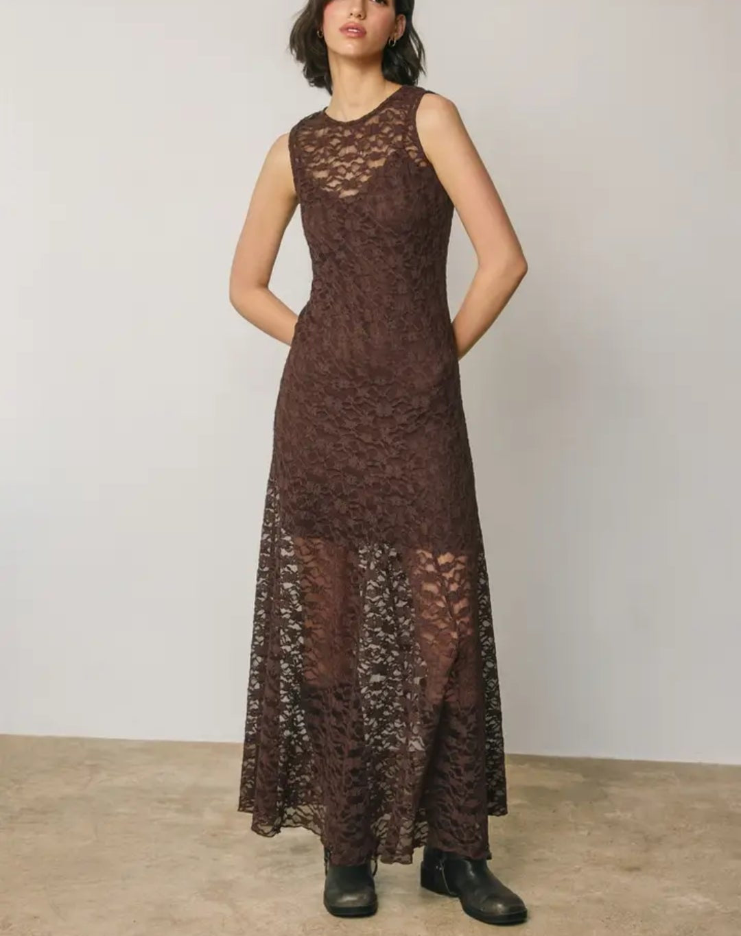 Sleeveless Lace Crewneck Maxi Dress