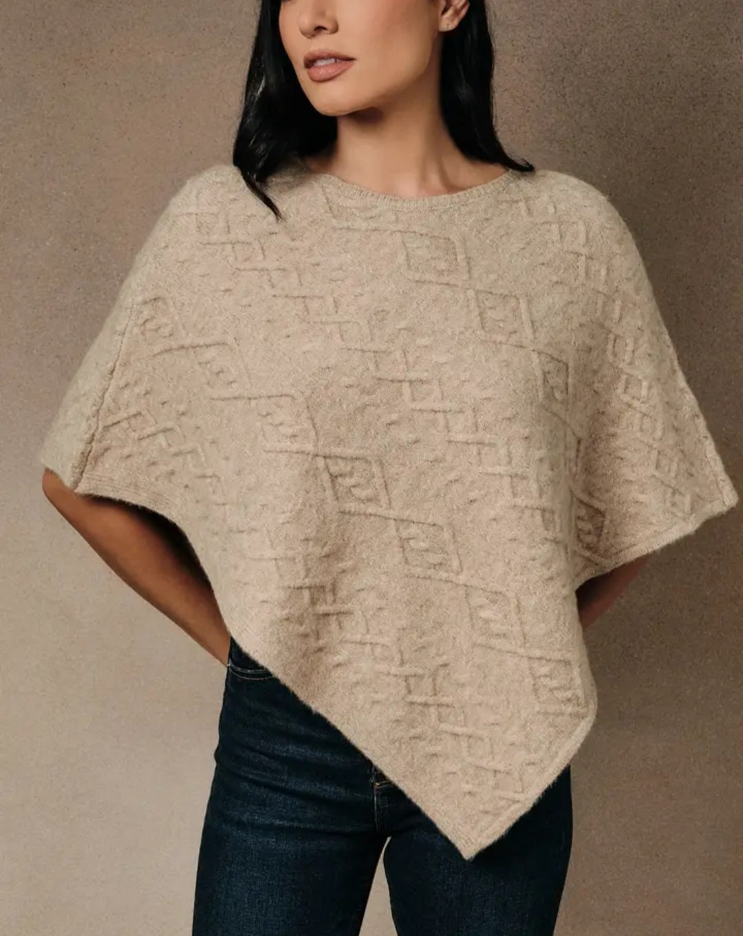 Diamond Cable Knit Crew Neck Asymmetric Poncho Sweater