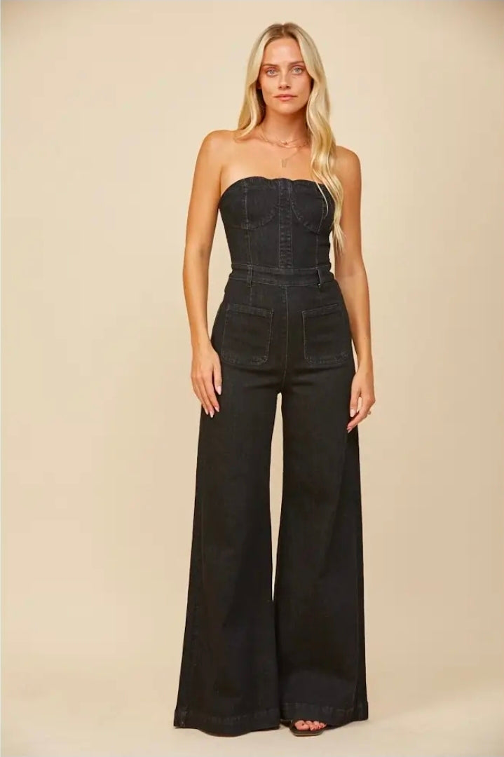 Black Strapless Wide Leg Denim Jumpsuit