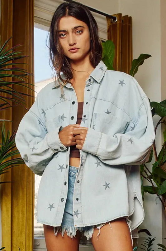 Star Print Washed Denim Oversized Shirt Jacket