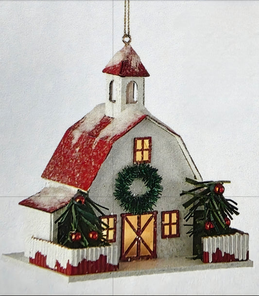 Barn w/Led Lights Glass Ornament