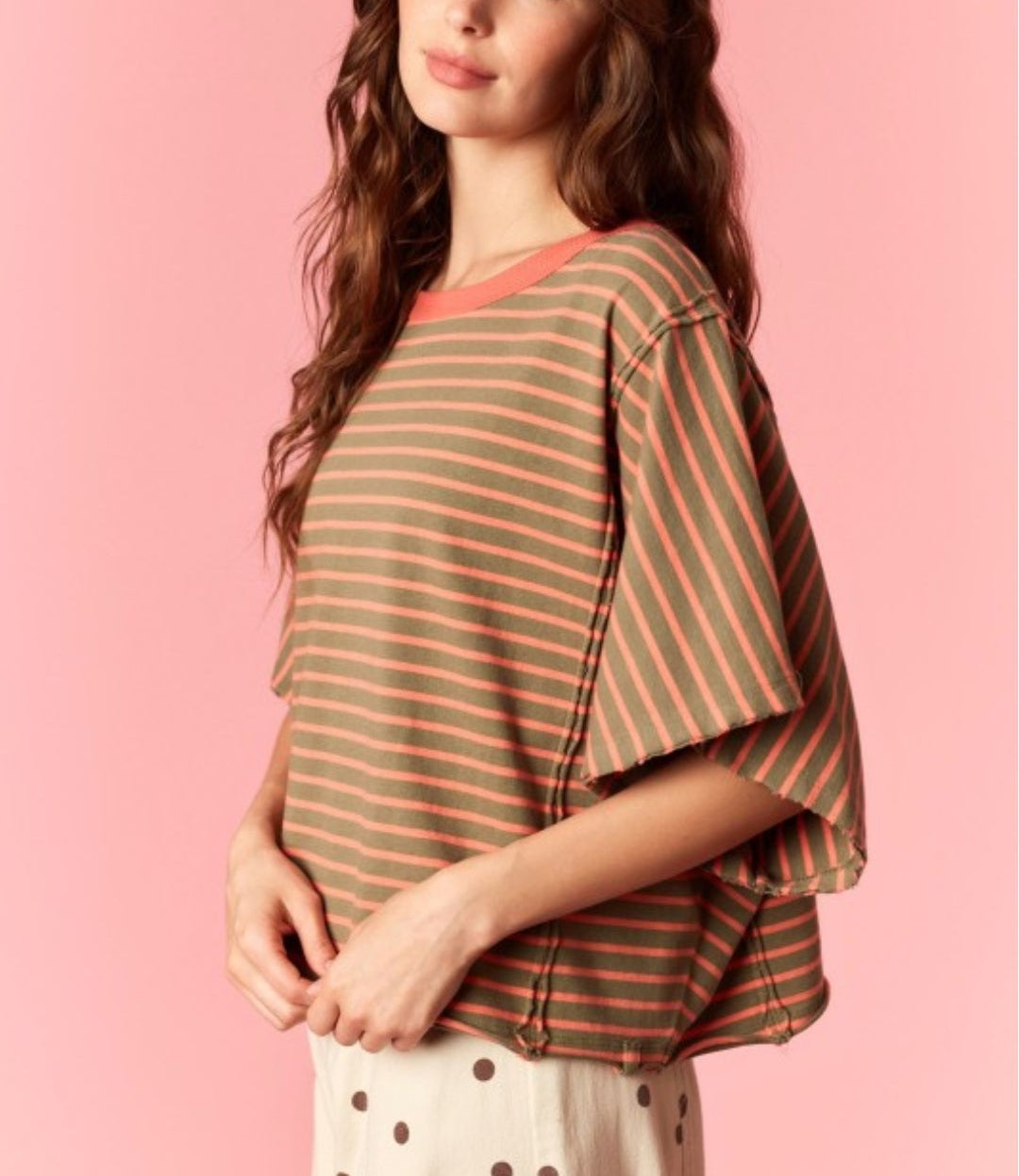 STRIPE ROUND NECK DOLMAN TEE Olive/Coral