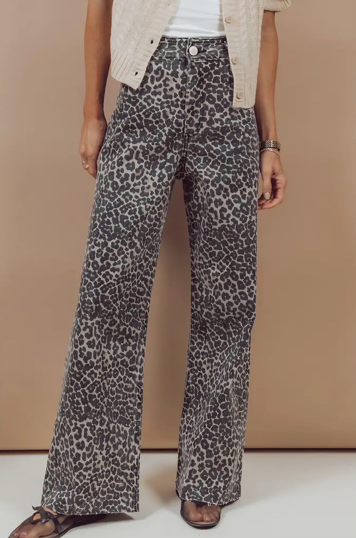 Raw Hem Wide Leg Western Leopard Jeans