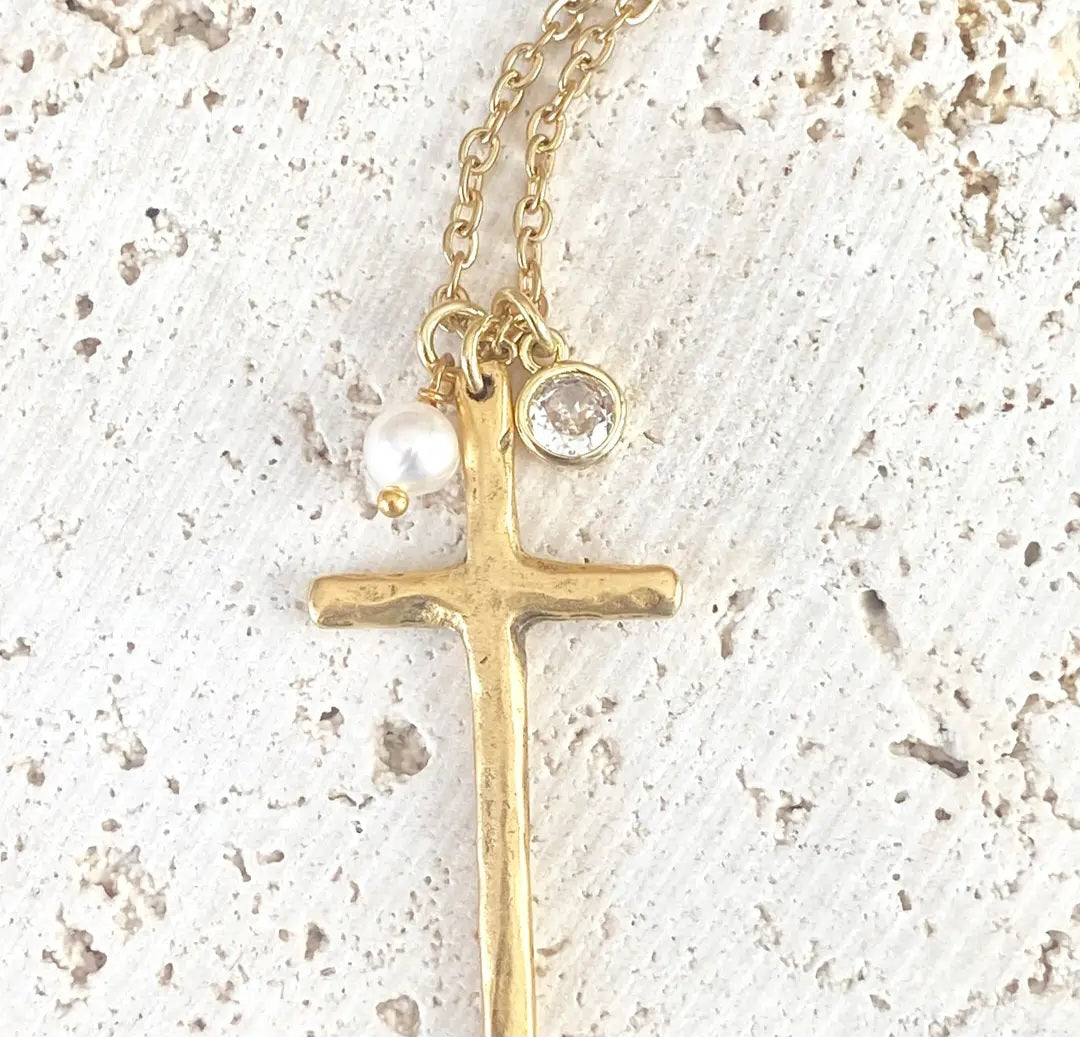Cross Necklace With Rustic Pearl