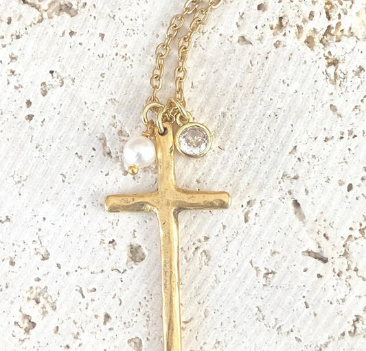 Cross Necklace With Rustic Pearl