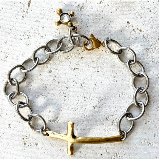 Mixed Metal Chunk Cross Bracelet
