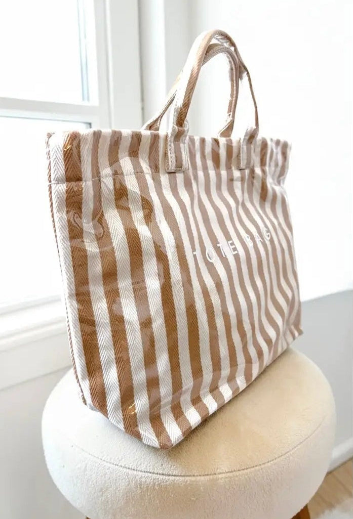 "TOTE BAG"  Stripe Tan and White Stripe
