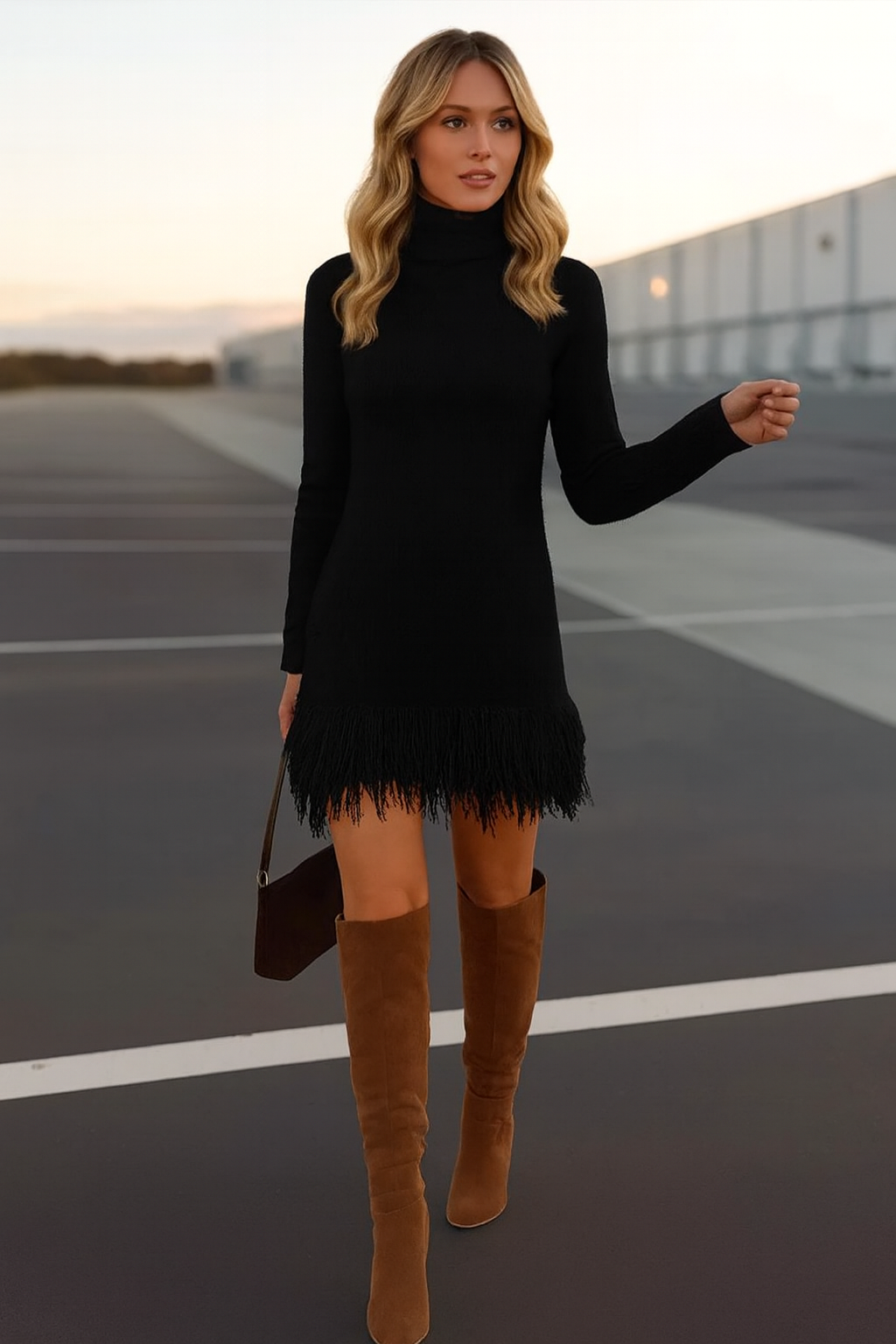 Knit Sweater Dress with Fringed Hem