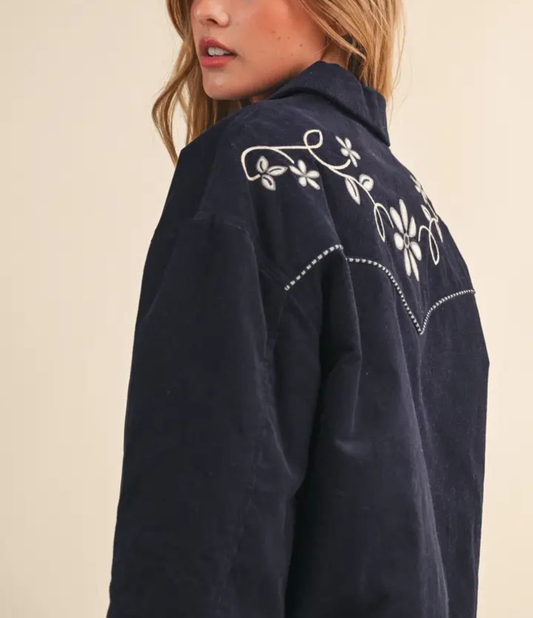 Navy Floral Embroidery Quilted Corduroy Jacket