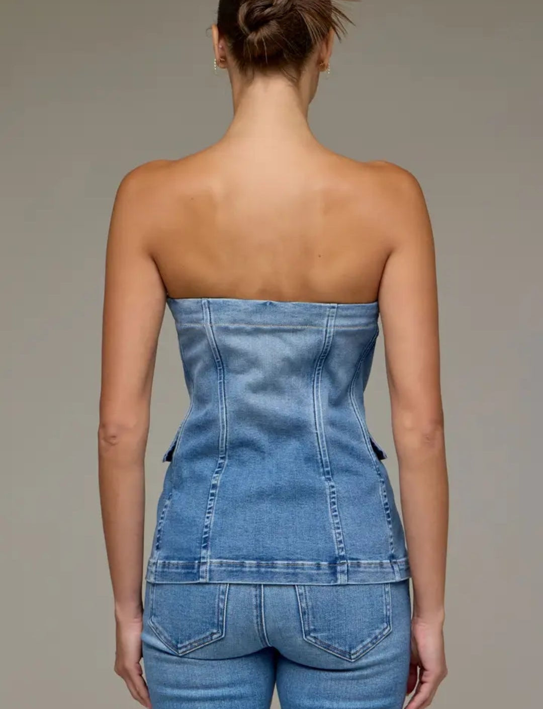 Denim Strapless Button Up Tuxedo Top