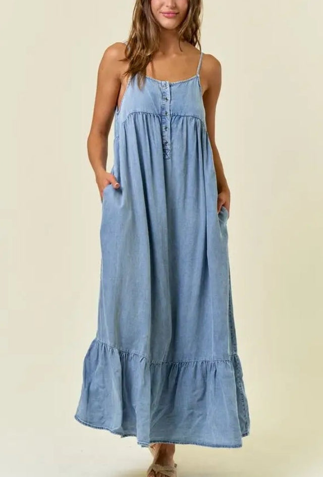 Chambray Tiered Denim Ruffled Midi Dress