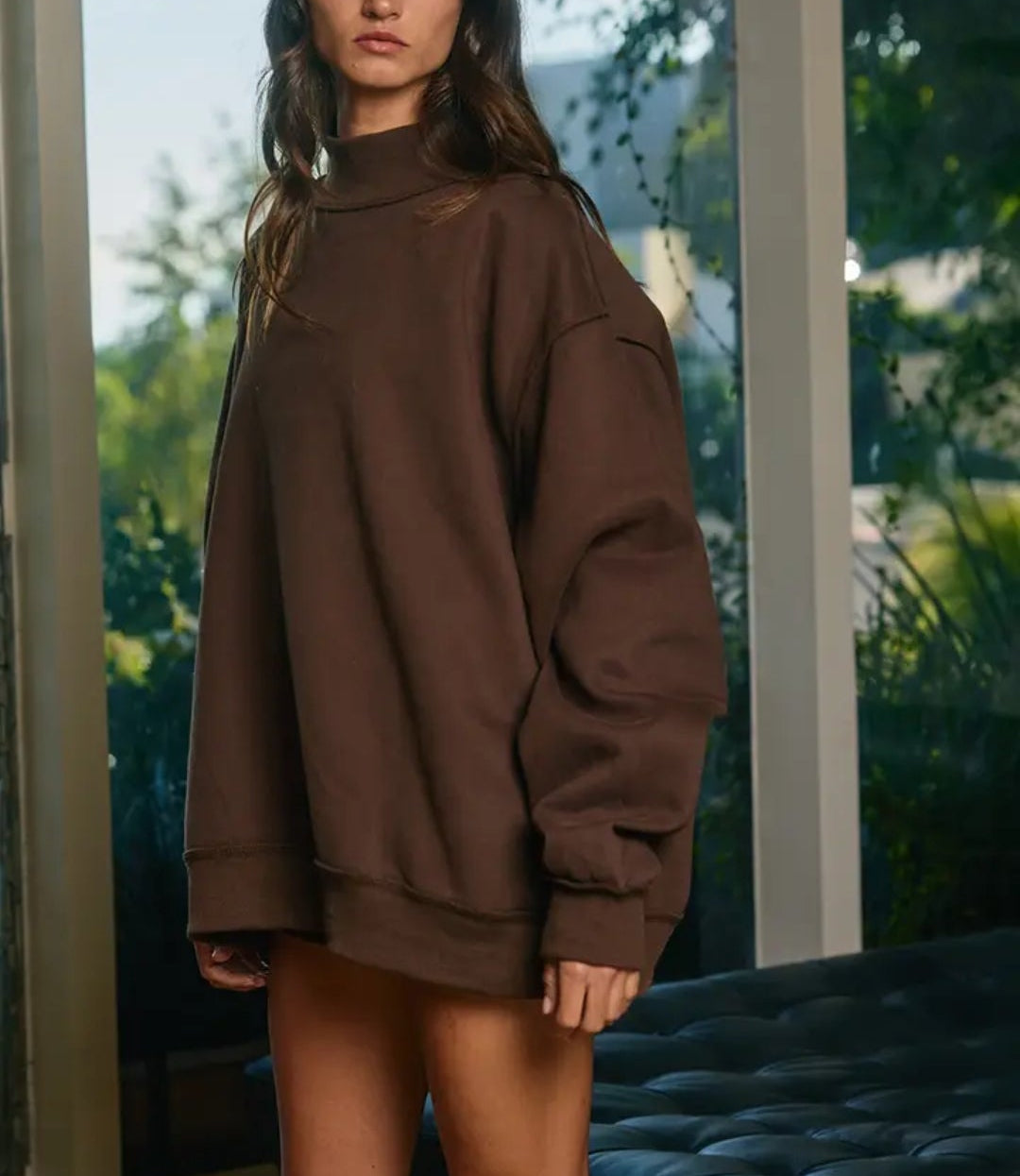 Solid Brown Reversible Mock Neck Sweatshirt Top