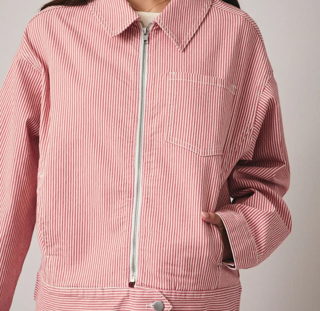 Pink Strip Zip up Bomber Jacket