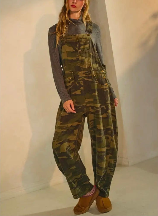 Camo Denim Barrel Overall Jumpsuit