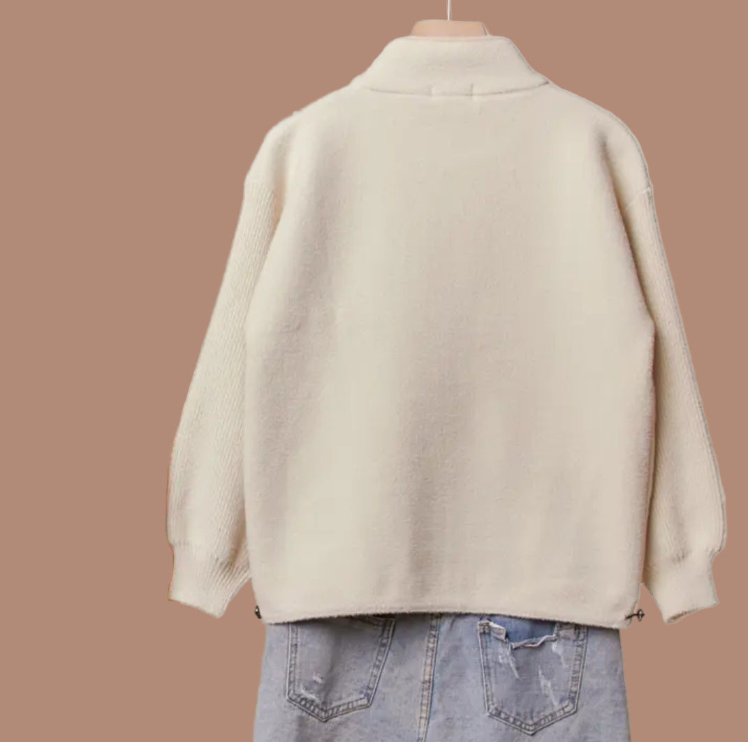 Saddle High Neck Knit Zip Up Jacket