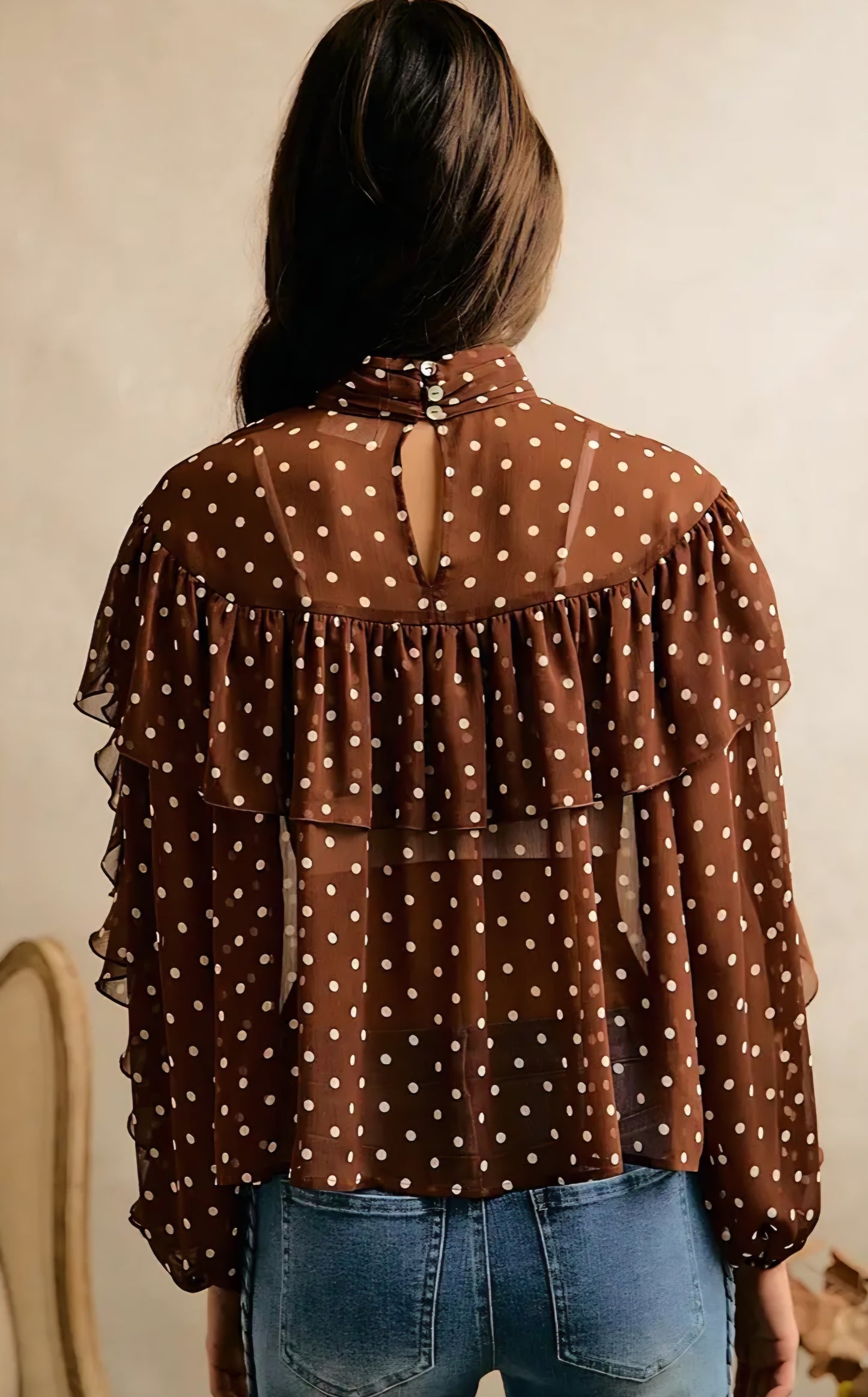 Polka Dot Chiffon Ruffled Tier Long Sleeves Blouse Top