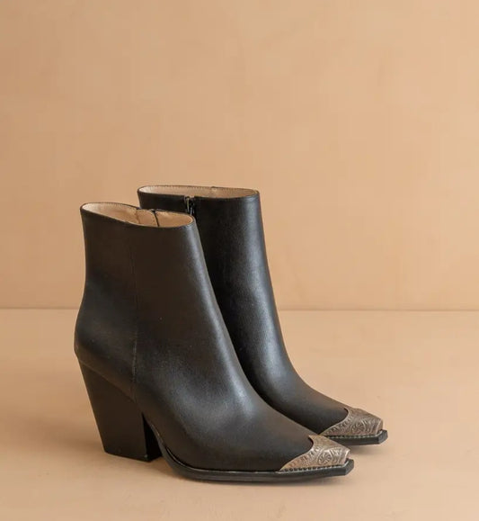 The Zion Black Elegant Western Bootie Etched Metal Toe