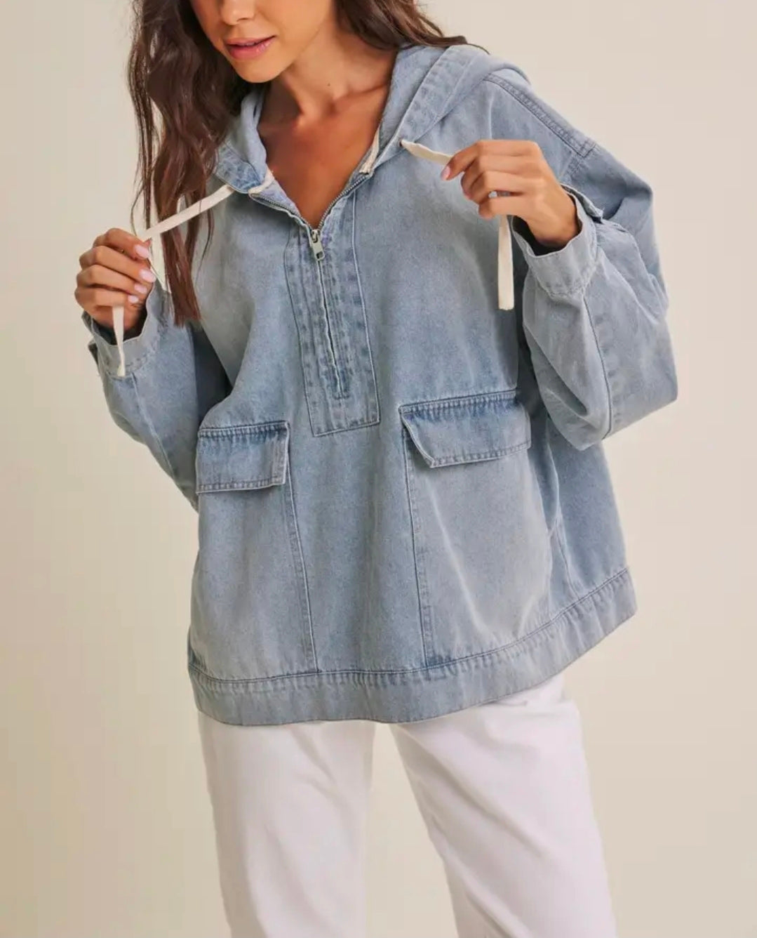 Mineral-Washed Denim Hooded Pullover