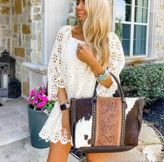 Hand Tooled Leather Cowhide Western Purse, Tote, or Work Bag